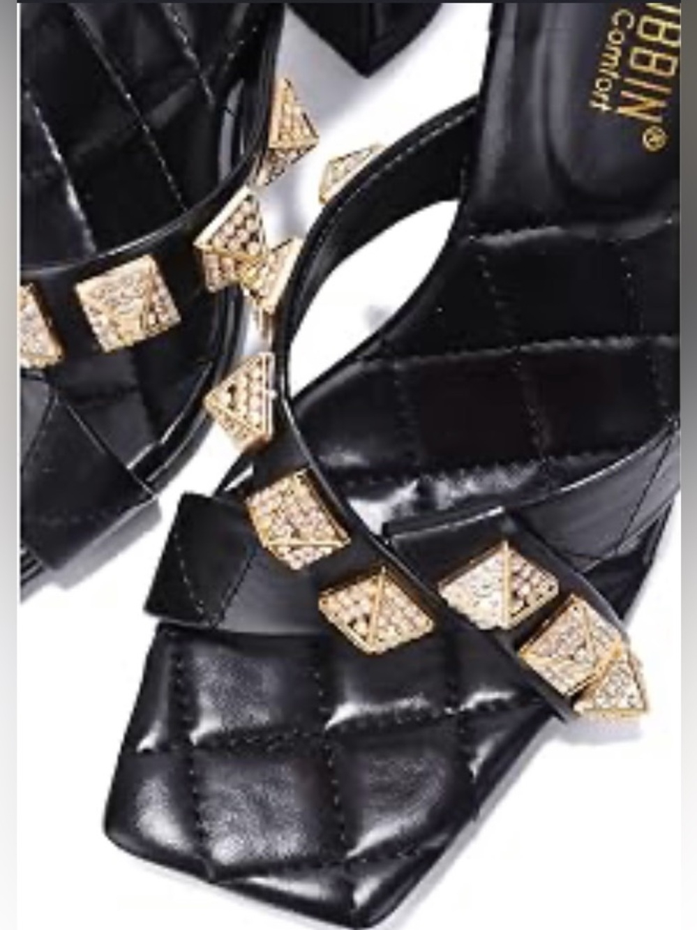 Cape Robbin Black Quilted Heeled Sandals with Gold Pyramid Studs